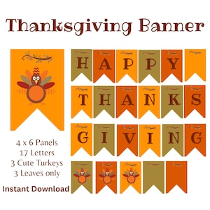 Happy Thanksgiving Banner Printable, Garland, Bunting,  Fall Decor Sign, Autumn Home Decoration, DIY Festive Party Supplies, Pilgrim Turkey