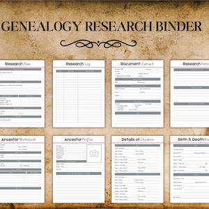 May include: A genealogy research binder with pages for a research plan, research log, document extract, research notes, ancestor worksheet, ancestor profile, details of children, and birth and death record.