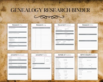 Genealogisch onderzoeksmap afdrukbaar, stamboomorganisator, sjabloon voor onderzoek naar voorouders, digitale planner en tracker-werkbladen voor familiegeschiedenis