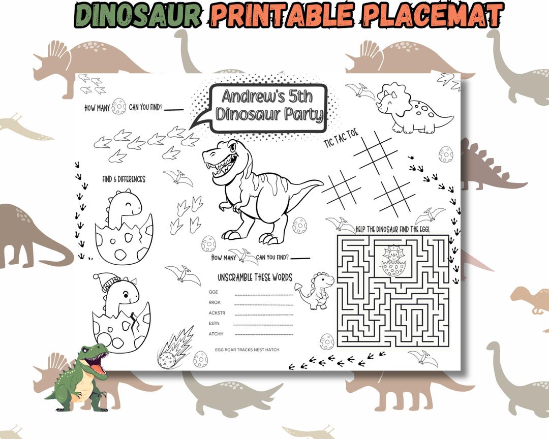 Dinosaur-themed Colorable Placemat, Printable Party Paper Birthday ...