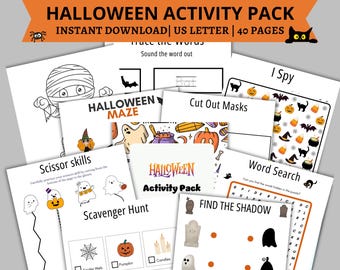 May include: A Halloween activity pack with various printable games and puzzles. The pack includes mazes, word searches, and I Spy games, featuring Halloween-themed illustrations like pumpkins, bats, and ghosts. The text on the cover reads "Halloween Activity Pack".