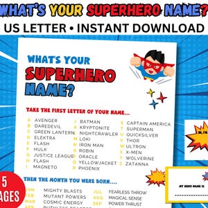 What&#39;s Your Superhero Name Game, NAME TAGS + SIGN, Superhero Birthday Party Decor, Comic Book Party, Classroom, Baby Shower Printable Ideas