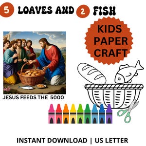 5 Loaves of Bread & 2 Fish Sunday School Craft for Kids, Jesus Feeds the 5000 Bible Lesson Activity, Jesus Miracle Bible Story Art Printable