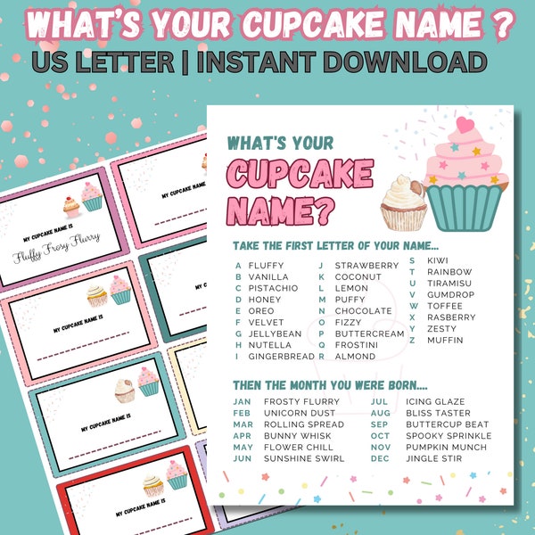 What's Your Cupcake Name Game, Cupcake Name Tags, Birthday, Classroom, Family, Bakesale, Baby Shower, Baking Party Activity Games, Printable
