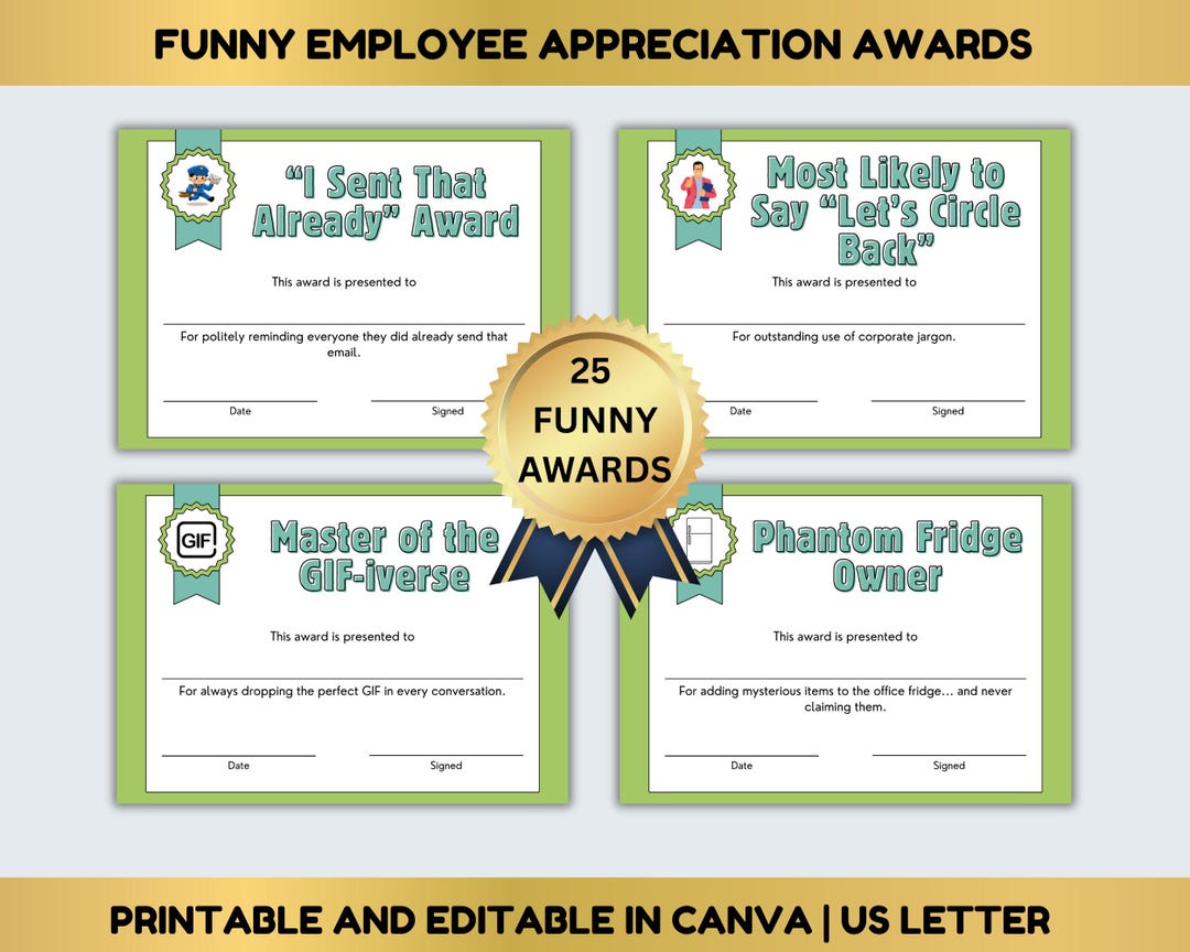 Funny Employee Appreciation Awards, Editable Staff Recognition ...