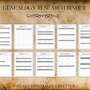 Genealogy Research Binder Printable, Family Tree Organizer, Ancestry Reseach Template, Digital Family History Planner & Tracker Worksheets