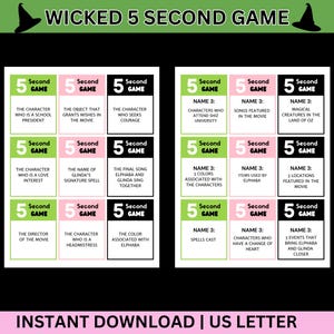 Wicked Theme 5 Second Game,  Wicked Movie Musical Themed Party Printable, Green Wicked Witches Oz,  Fun Group Trivia games, Elphaba, Glinda