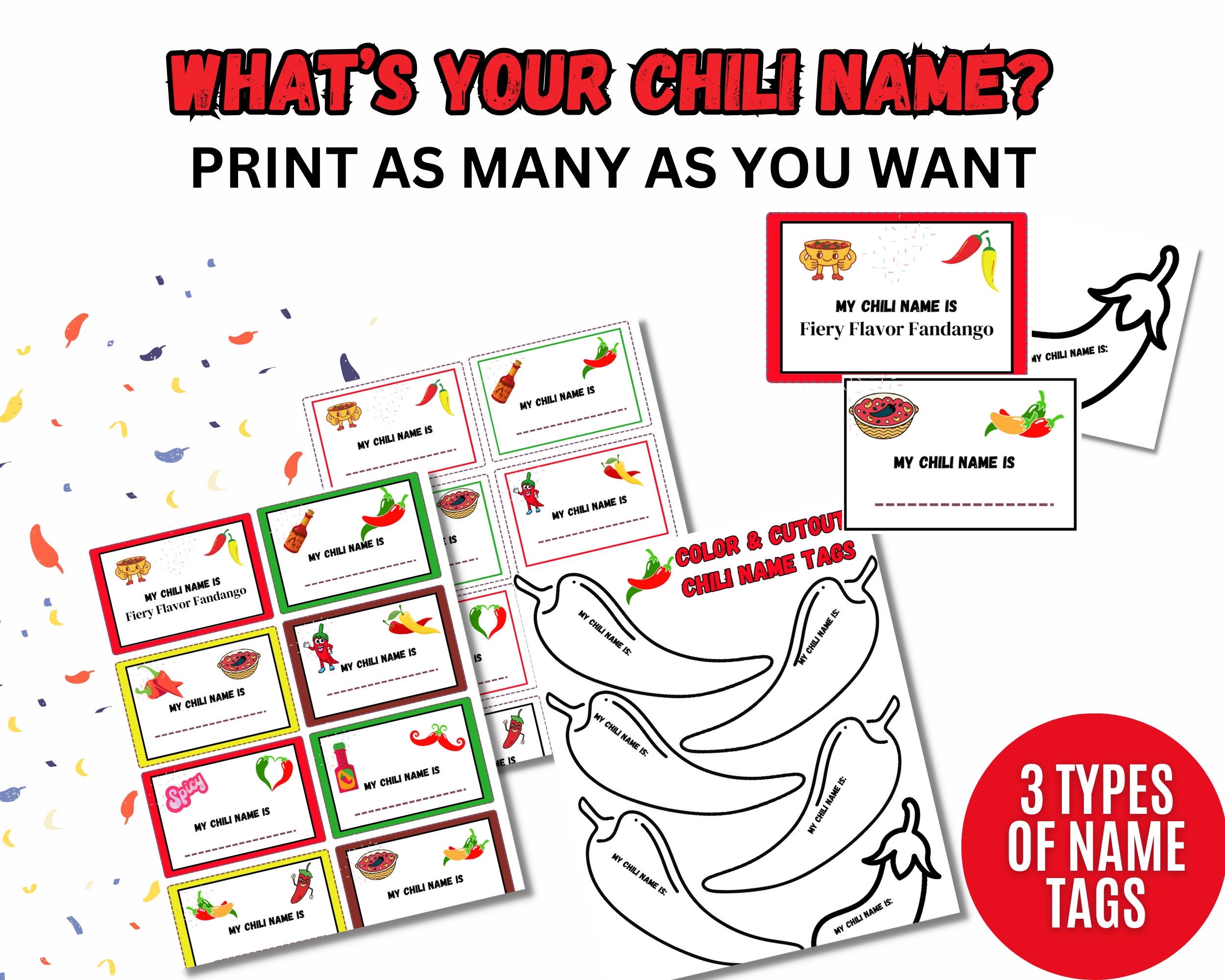 What's Your Chili Name Game With Name Tags, Chilithemed Party, Cookoff