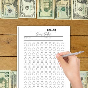 May include: A printable dollar savings challenge chart with a grid of 100 money bags. The chart has spaces for a starting date and ending date. The text "DOLLAR Savings Challenge" is at the top of the chart.