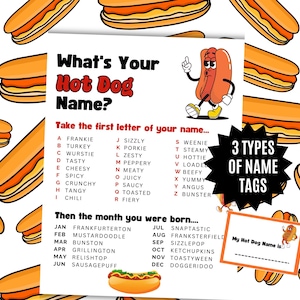 Qual é o nome do seu cachorro-quente? Jogo, Etiquetas de nome + Placas, Festa de churrasco com cachorros-quentes, Churrasco ao ar livre, Cachorro-quente, Ideias para chá de bebê com tema de churrasco