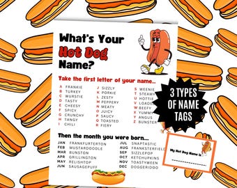 What's Your Hot Dog Name Game, NAME TAGS +Signs, Weiner Dogs BBQ Party, Outdoor Cookout, Hot Diggity Dog, Baby-Q Shower Ideas