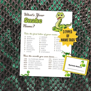 Jeu « Quel est le nom de votre serpent ? » avec panneaux et étiquettes nominatives, générateur de noms, anniversaire sur le thème des reptiles, brise-glace imprimable pour la classe