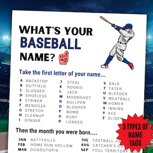 What&#39;s Your Baseball Name Game, NAME TAGS + Sign, Baseball-themed Game Day, Little League, Birthday, Sports Team Party Games Printable