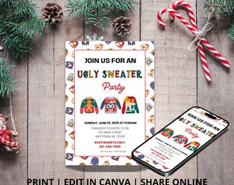 May include: An invitation for an ugly sweater party with the text "Join us for an Ugly Sweater Party". The invitation features colorful sweater designs and event details. A smartphone displays the same invitation. Candy canes and pinecones are also visible.