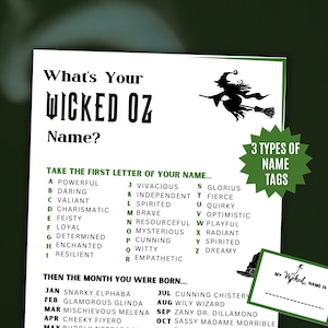 What&#39;s Your Wicked Oz Name Game, NAME TAGS + SIGN,  Wicked Movie Musical Themed Party Printable, Green Wicked Witches Oz, Elphaba, Glinda