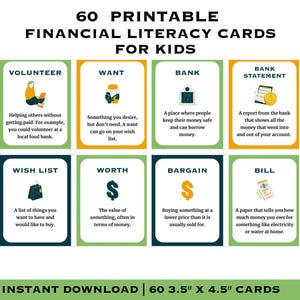 May include: A set of 60 printable financial literacy cards for kids. Each card features a financial concept like "Volunteer" or "Wish List" with a brief definition and related illustration. The cards measure 3.5" x 4.5".