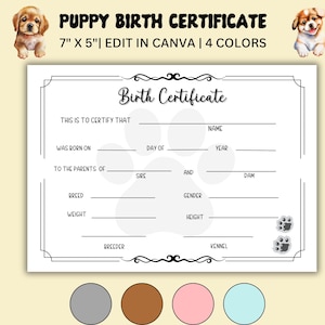 Geboorteakte puppy bewerkbaar, geboorteakte honden, invulbaar fokkerscertificaat, huisdiercertificaat, sjabloon hondenfokker nieuwe puppy
