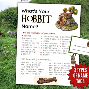 May include: A whimsical poster titled "What's Your Hobbit Name?" features a list of names and months to determine a Hobbit name. Includes a decorative illustration of a Hobbit home and three name tag options.