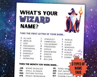 What's Your Wizard Name Game, NAME TAGS & SIGN, Wizard Birthday Party Activity, Magical Wizard, Pajama, Classroom, Icebreaker, Youth Group