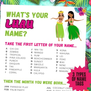 What&#39;s Your Luau Name Game, NAME TAGS + SIGN, Hawaiian Party Game, Summer Tropical Holiday, Tiki, Birthday, Icebreaker Party Printable Games