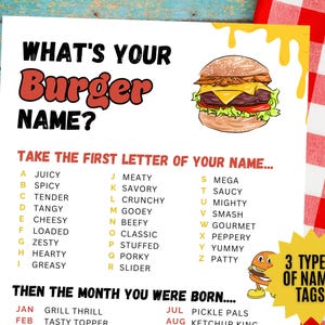 What&#39;s Your Burger Name  Game NAME TAGS + Sign, BBQ Party, Cookout, Burger Bash, Grill and Chill, Hamburger Birthday Game, Baby-Q Activity