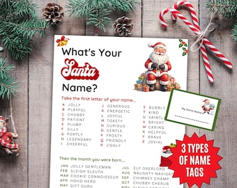 May include: A festive Christmas-themed game with the text "What's Your Santa Name?" featuring a Santa Claus illustration. Includes a name tag and a list of names based on the first letter and birth month. Candy canes and pinecones decorate the background.
