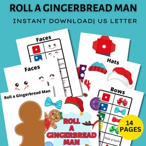 May include: A printable game for kids featuring a gingerbread man. The game includes 14 pages with different gingerbread man parts to create a unique gingerbread man. The game includes a roll a die and create a gingerbread man game.
