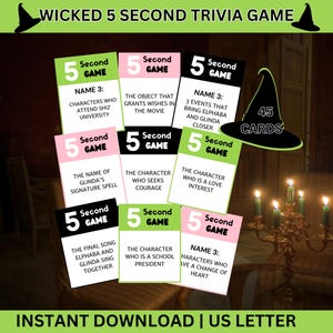 Wicked Theme 5 Second Trivia Game,  Wicked Movie Musical Themed Party Printable, Green Wicked Witches Oz, Fun Group Activity Elphaba, Glinda