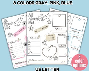 All About Me Forms, Get to Know Me Printable Poster, Back to School Worksheet, First Day of School Questionnaire, Kindergarten Coloring