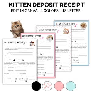 Puede incluir: Plantilla de recibo de depósito de gatito imprimible en cuatro colores: negro, rosa, azul y azul claro. La plantilla incluye campos para que el vendedor y el comprador rellenen, incluyendo la raza, el color y las marcas del gatito. El texto "KITTEN DEPOSIT RECEIPT" está en la parte superior de la página.