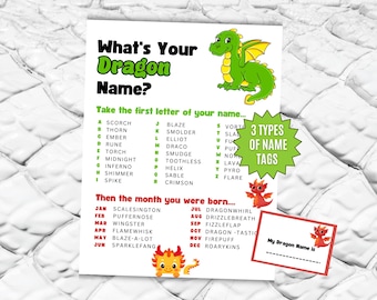What's Your Dragon Name Game with NAME TAGS + SIGN,  Reptile Birthday Party, Chinese New Year, Baby Shower, Classroom Printable
