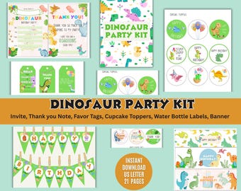 May include: A dinosaur-themed party kit with invitations, thank you notes, favor tags, cupcake toppers, water bottle labels, and a banner. The kit features colorful illustrations of various dinosaurs and party elements, with the text "Dinosaur Party Kit".