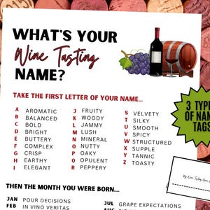 What&#39;s Your Wine Tasting Name Game NAME TAGS + SIGN, Wine-themed Party, Cheese & Wine, Office, Retirement, Bachelorette, Birthday Printable