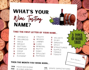 What's Your Wine Tasting Name Game NAME TAGS + SIGN, Wine-themed Party, Cheese & Wine, Office, Retirement, Bachelorette, Birthday Printable