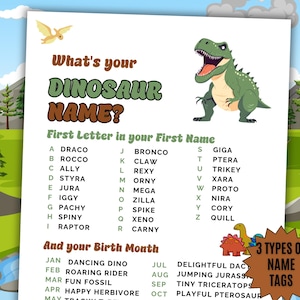 Qual é o seu jogo de nomes de dinossauro, CRACHÁS + SINAL, Aniversário de dinossauro, Festa de répteis, Festa de T-Rex, Atividade de dinossauro para impressão de classe, creche