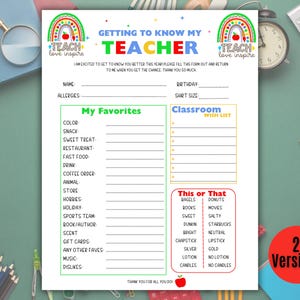 Teacher Favorites Form, Teacher Appreciation Printable Questionnaire List, Back to School Survey, Get To Know Teacher, All About My Teacher