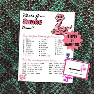 以下が含まれることがあります： What's Your Snake Name?というタイトルのゲームシート。ピンクの漫画のヘビ、文字と月ごとの名前リスト、3 TYPES OF NAME TAGSと書かれたピンクの星型グラフィック、My Snake Name isと書かれたネームタグが描かれています。
