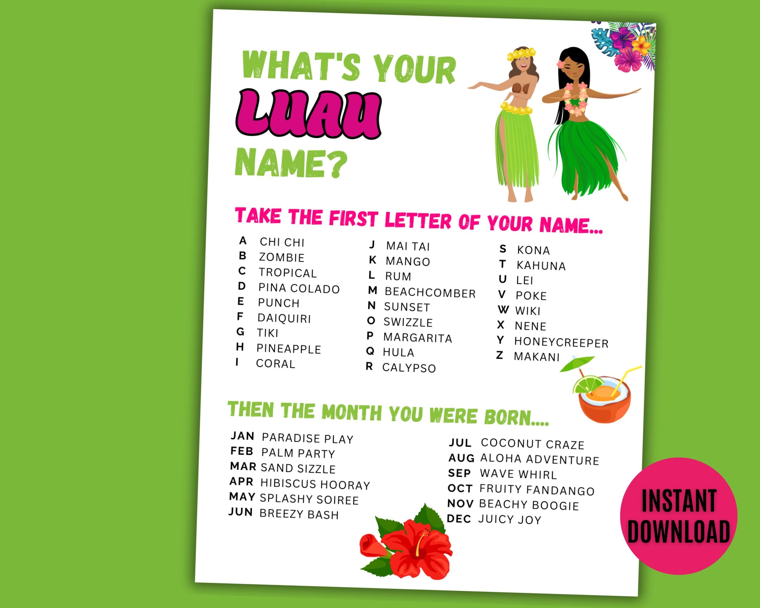 What's Your Luau Name Game, NAME TAGS + SIGN, Hawaiian Party Game, Summer Tropical Holiday, Tiki ...