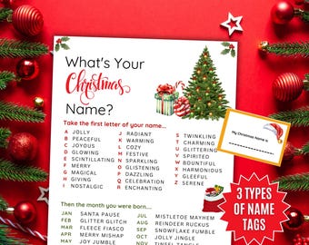 May include: A festive Christmas-themed game with the text "What's Your Christmas Name?" and a list of names. Includes a Christmas tree, gift boxes, and a name tag. Perfect for holiday fun.