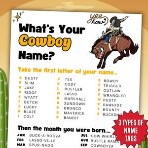 May include: A novelty poster with the text "What's Your Cowboy Name?" in black and yellow. It includes lists of names and months to determine a cowboy name, with a cowboy riding a horse illustration.
