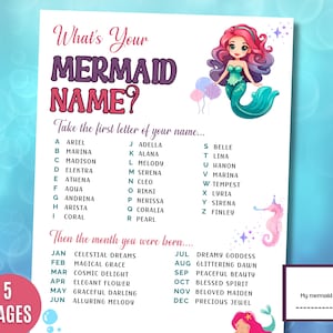 What&#39;s Your Mermaid Name Game, SIGN + NAME TAGS, Little Mermaid Birthday, Under the Sea, Fun Group Interactive Party Games Printable
