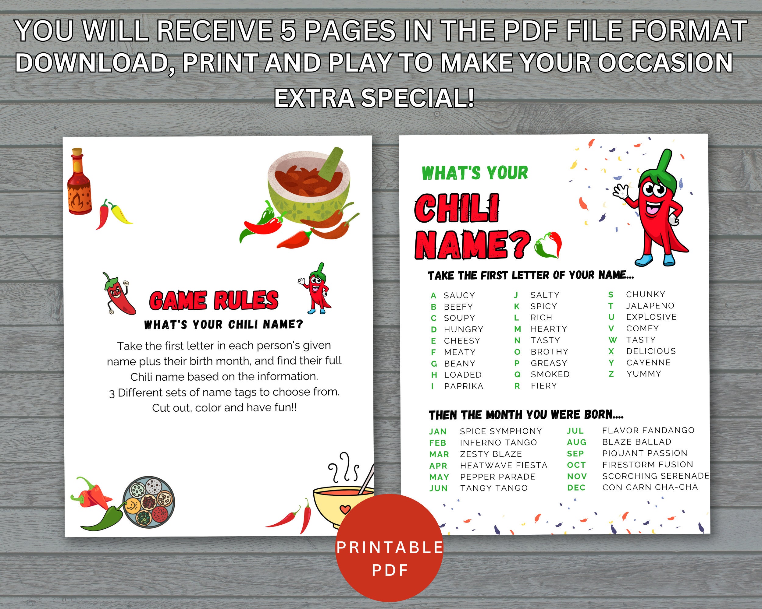 What's Your Chili Name Game With Name Tags, Chilithemed Party, Cookoff