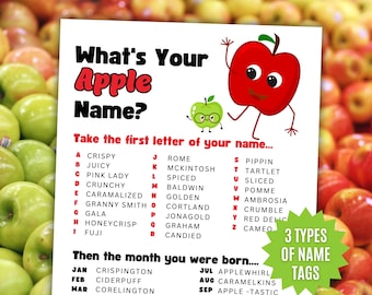Wat is jouw appelnaam? Naamkaartjes + bordje om te printen, appelthema, appels plukken, leuk fruitgroepspel voor klas, jeugdgroepen, kantoor