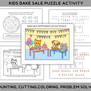 Kids Game Puzzle,  Counting to 20 Activity, Cut & Paste, Early Math Learning, Coloring, Fine Motor Skills, Bake Sale Cryptogram Printable