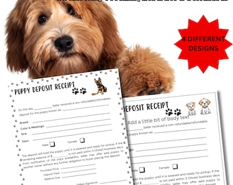 編集可能な子犬予約金領収書、子犬売買契約書、子犬契約書、ブリーダー請求書、犬ブリーダー用フォーム、子犬関連書類、印刷可能なPDF