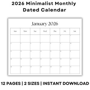 以下が含まれることがあります： 2026年のミニマリスト月間カレンダー。1月の月が表示された白いグリッドレイアウトです。カレンダーには曜日と日付が含まれています。「2026 Minimalist Monthly Dated Calendar」というテキストが上部にあります。
