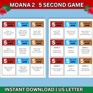 Moana 2 5 Second Game,  Movie Themed Trivia Party Printable, Pua, Hei hei, Moana Birthday Theme, Think Fast Game for Kids,Fun Group Activity