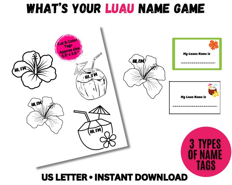 What's Your Luau Name Game, NAME TAGS + SIGN, Hawaiian Party Game ...