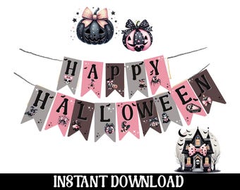 Happy Halloween Banner, Halloween Decorations, Pink Garland, Flags, Printable Banner, Party Decor, Coquette Pumpkin Aesthetic