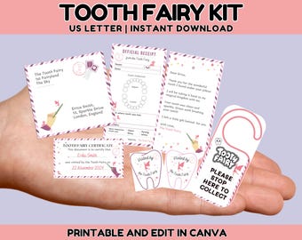 Tooth Fairy Set Pink, Mini-Umschlag, Brief, Quittung, Zertifikat, Kissennotizen, Türschild, Tooth Fairy Rapport, Print, bearbeitet in Canva